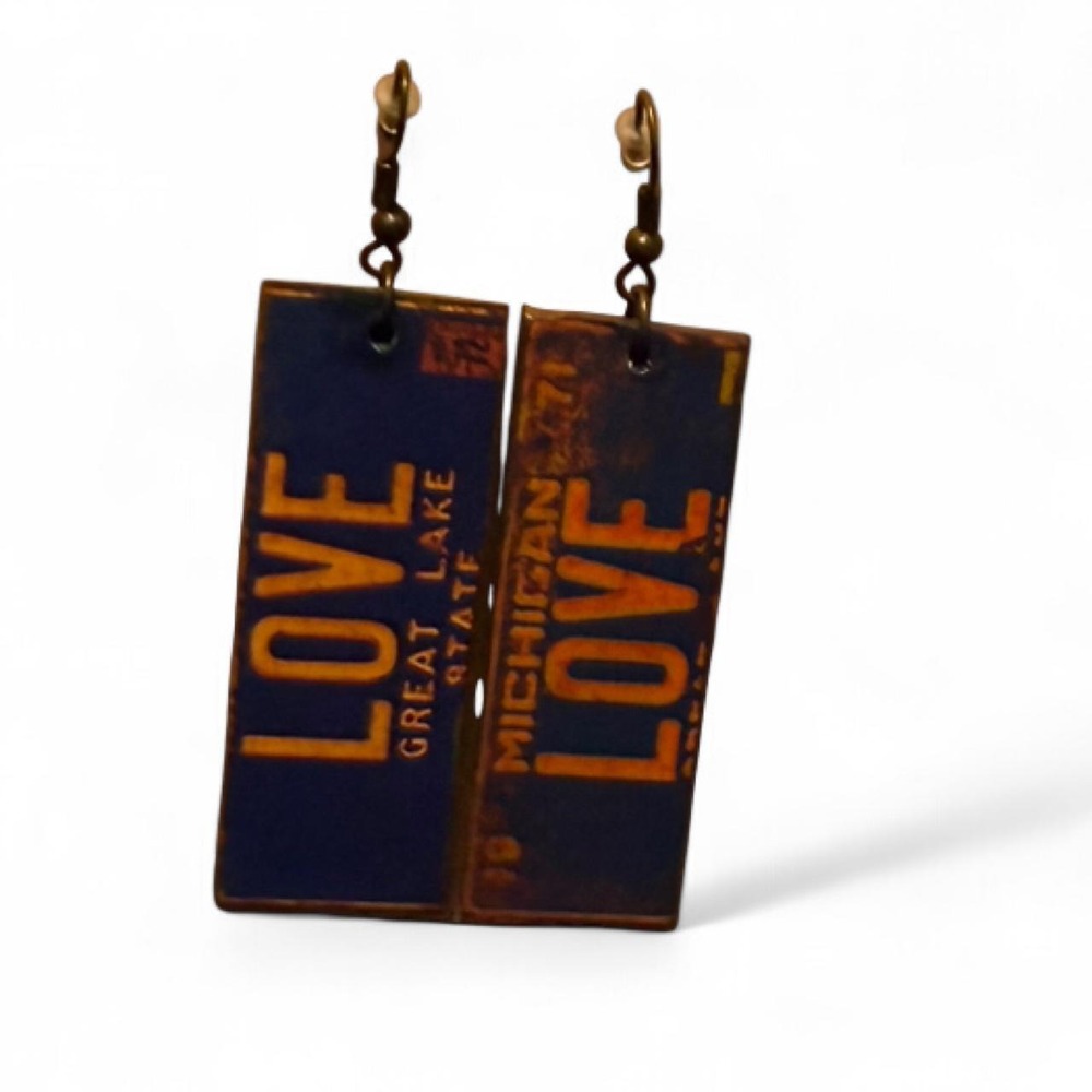 Wooden‎ "Love Michigan"  License Plate Dangle Earrings